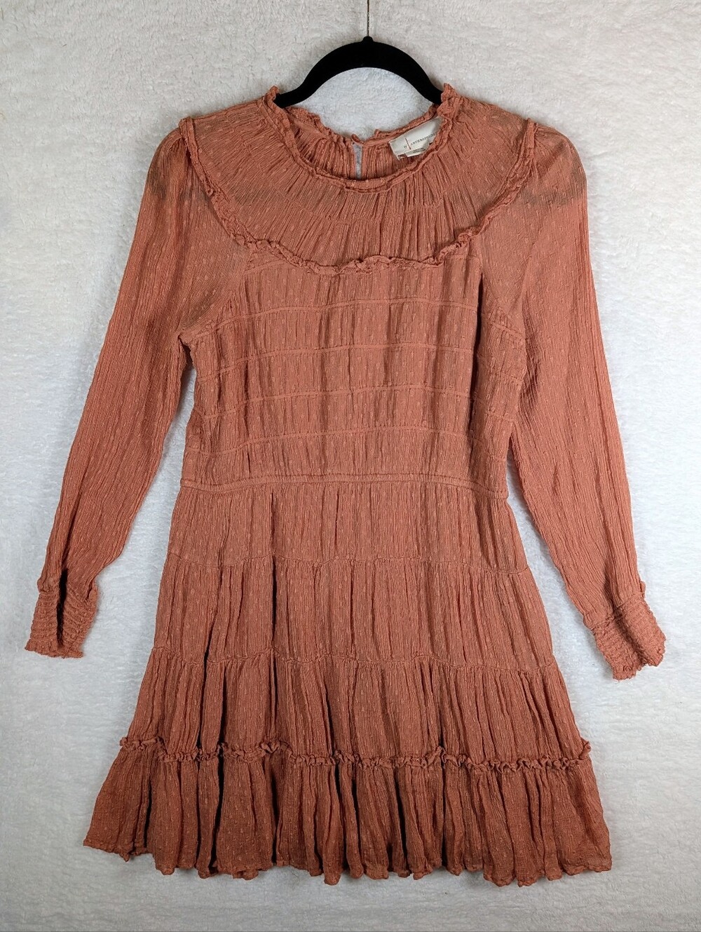 Anthropologie Rust Ruffle Long-Sleeve Crinkle Dress - Picture 2 of 8